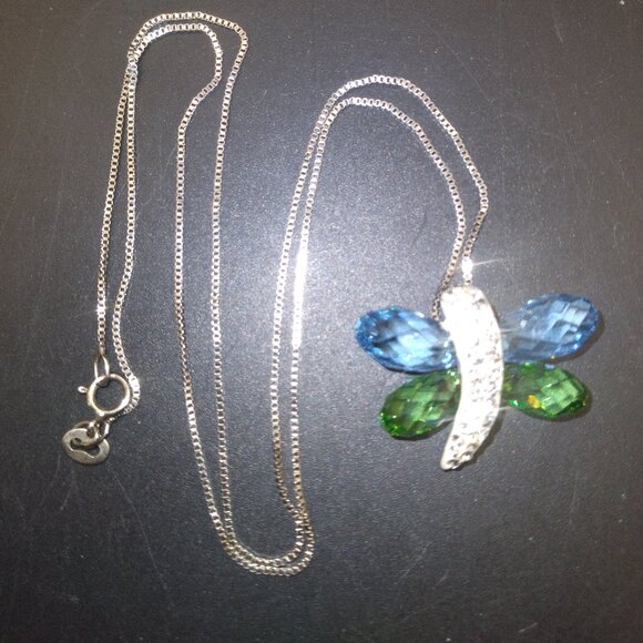 Sterling Silver Blue & Green Crystal Butterfly Pendant with Sterling Necklace - Picture 1 of 5